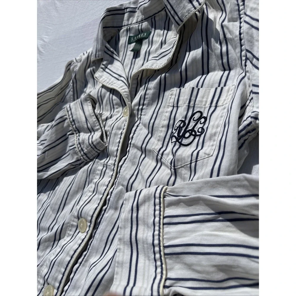 Ralph Lauren Green Label Cotton Blue Ivory Stripe Collar Flannel Pajama Shirt‎ M